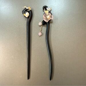 Black Hair Sticks with Pink Floral Accents